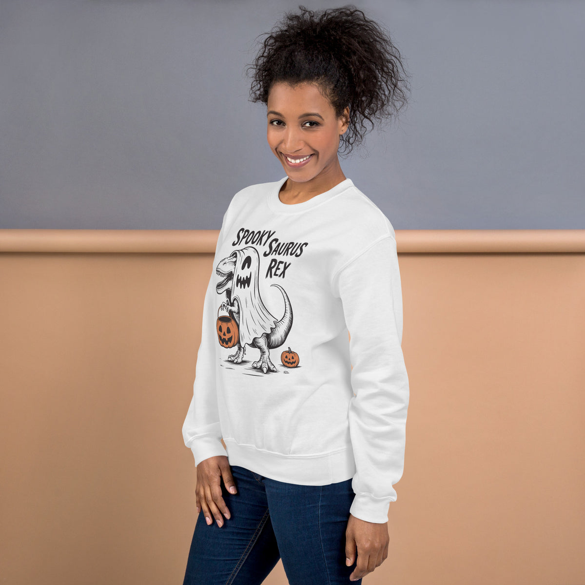 Shop the Spooky Saurus Rex Dinosaur Ghost Sweatshirt for Festive Wear, a cozy, playful layer for Halloween parties, fall outings, and more.