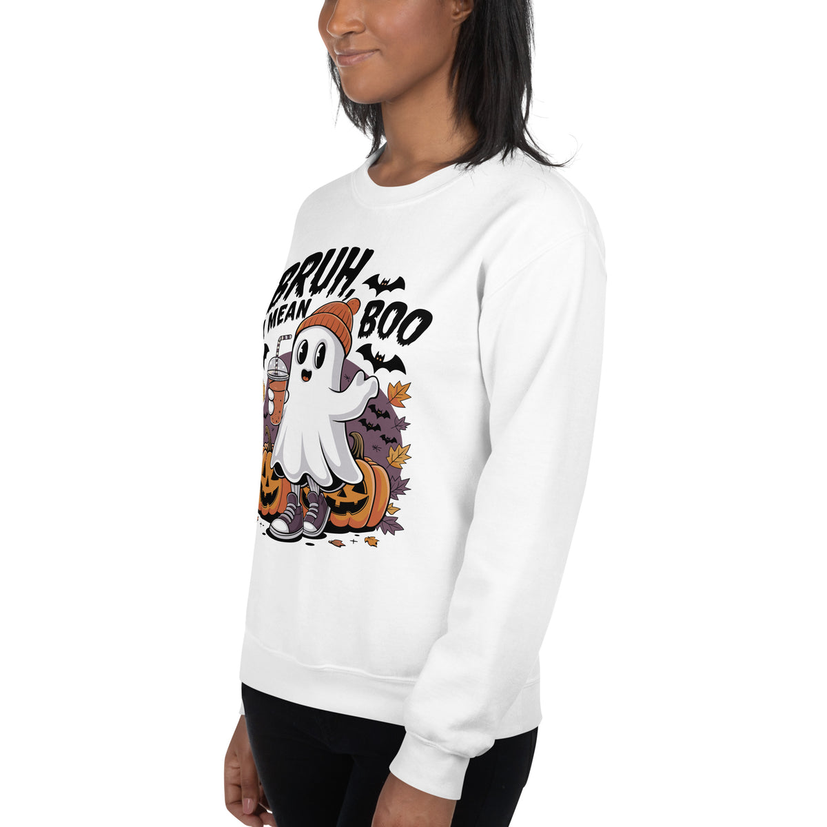 Celebrate spooky season in the Bruh Mean Boo Halloween Ghost Sweatshirt, featuring a witty ghost-inspired look for cozy fall outfits and Halloween fun.