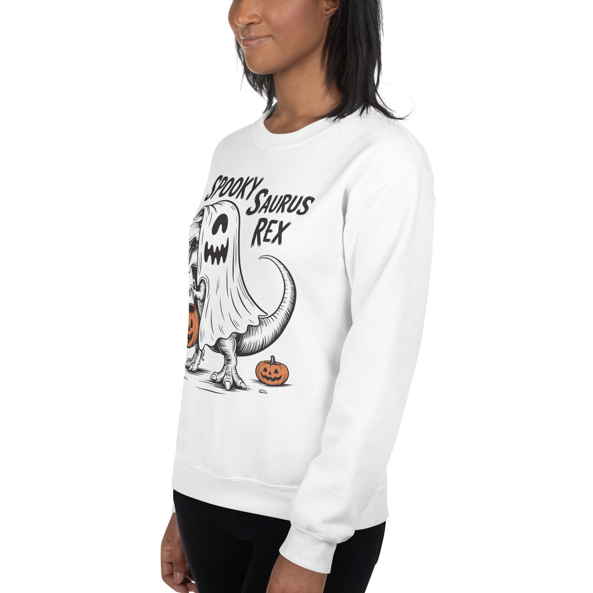 Shop the Spooky Saurus Rex Dinosaur Ghost Sweatshirt for Festive Wear, a cozy Halloween-ready layer for dinosaur fans and fall fun.