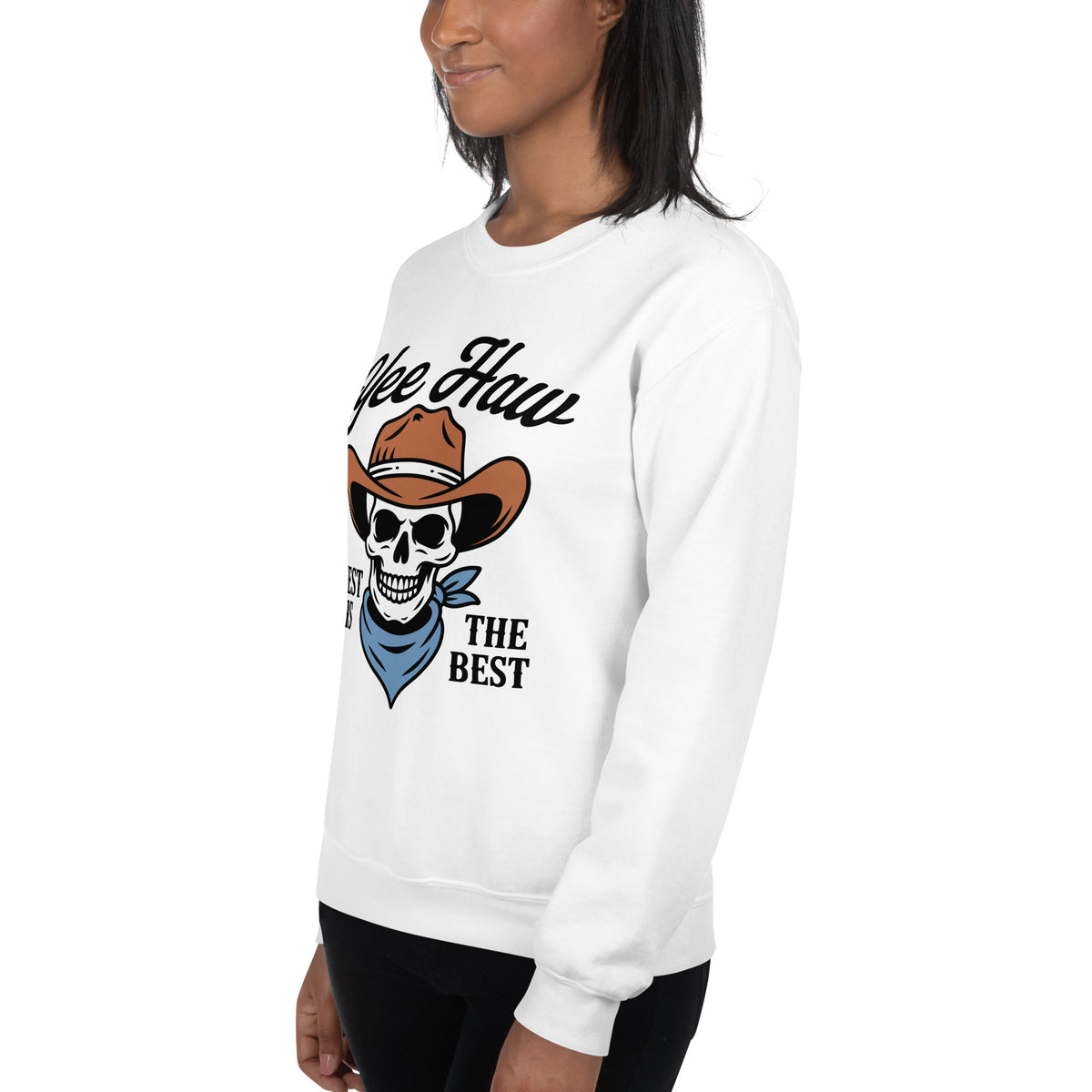 Shop Yee Haw West Is the Best Cowboy Skull Sweatshirt, a striking blend of rugged Western graphics, soft warmth, and effortless style.