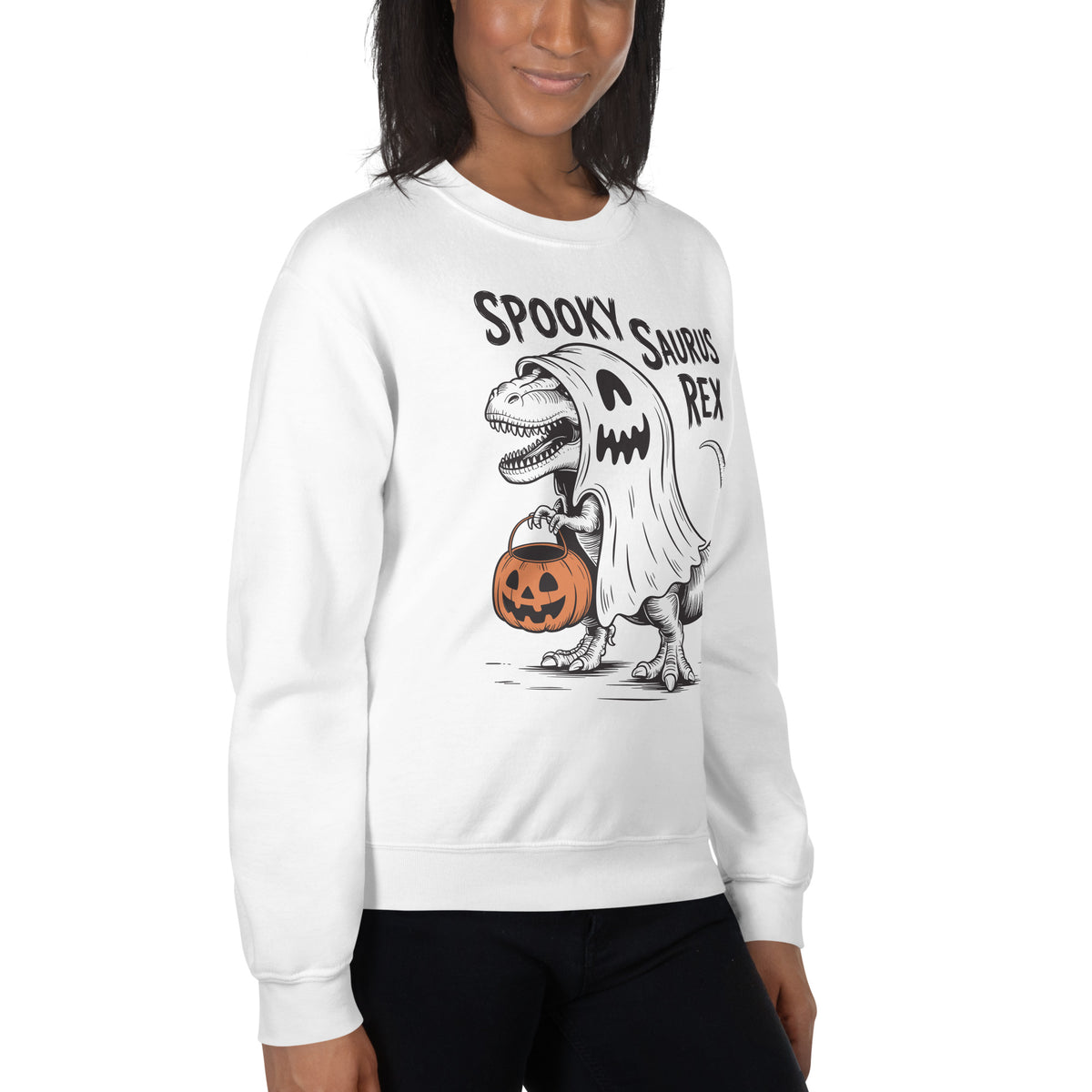Celebrate the season in a Spooky Saurus Rex Dinosaur Ghost Sweatshirt for Festive Wear—soft, playful apparel for Halloween outings.