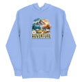 A light blue pullover hoodie with a colorful outdoor mountain landscape graphic on the chest, featuring the word 'ADVENTURE' and the text 'THE BEST MEMORIES ARE MADE OUTSIDE'. Shop Life Is Adventure Streetwear Hoodie Casual Wear, blending casual comfort and statement design for your next city escape or weekend adventure. Explore the Life Is Adventure Streetwear Hoodie Casual Wear collection—comfortable, bold layers designed for everyday journeys and standout style. Buy Life Is Adventure Streetwear Hoodie.