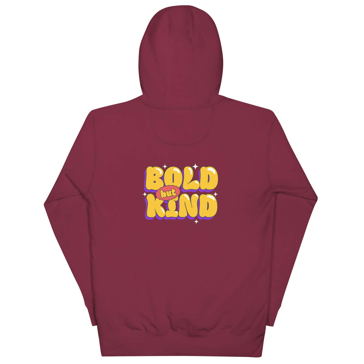 A maroon zip-up hoodie shown from the back, featuring a retro-style graphic that reads 'BOLD but KIND' in yellow bubble letters with a purple outline and a small red heart.