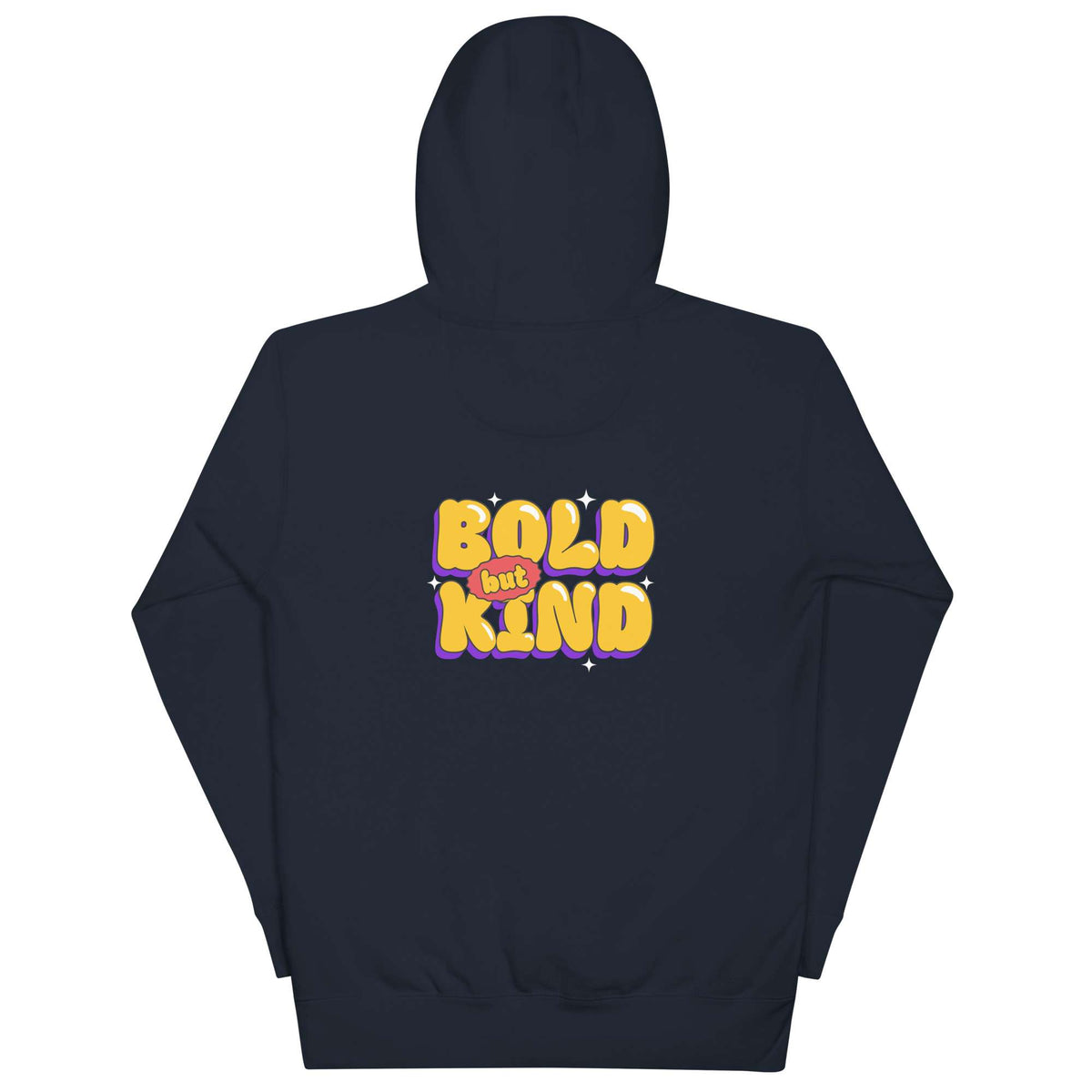 A navy blue hoodie shown from the back, featuring a retro-style graphic print in yellow, orange, and purple that reads 'BOLD but KIND' with a small donut illustration in the center. Casual Bold But Kind Zip Hoodie for Daily Comfort Shop the Casual Bold But Kind Hoodie for Daily Comfort and enjoy cozy everyday layering with a confident message and easygoing appeal. Upgrade your wardrobe with the Casual Bold But Kind Hoodie for Daily Comfort—made for relaxed moments, daily errands, and standout style.
