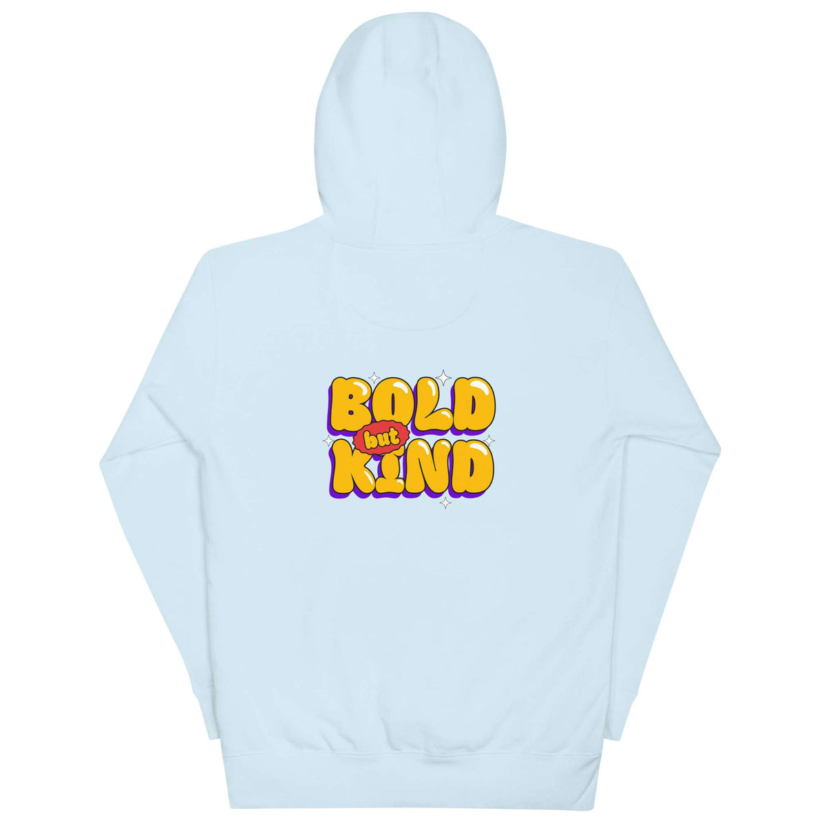 A light blue hoodie shown from the back, featuring a retro-style graphic print on the center that reads 'BOLD but KIND' in yellow and orange bubble letters with a purple outline. Casual Bold But Kind Zip Hoodie for Daily Comfort Shop the Casual Bold But Kind Hoodie for Daily Comfort and enjoy cozy everyday layering with a confident message and easygoing appeal. Upgrade your wardrobe with the Casual Bold But Kind Hoodie for Daily Comfort—made for relaxed moments, daily errands, and standout style.