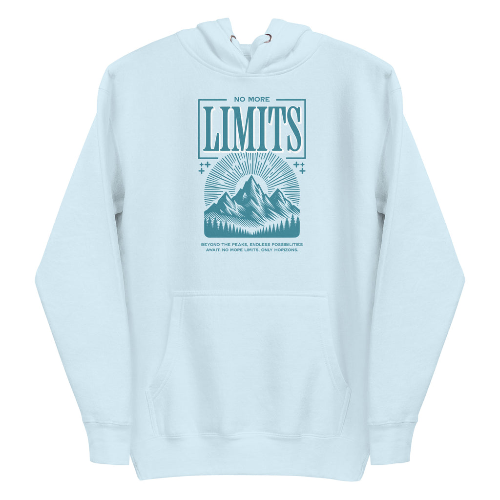 A light blue pullover hoodie with a teal graphic print on the chest featuring a mountain illustration and the text 'NO MORE LIMITS'. Shop unique No More Limits Mountains Outdoor Graphic Hoodie Casual Wear for a bold mountain look, comfortable warmth, and go-anywhere wear. Stay warm in the No More Limits Mountains Outdoor Graphic Hoodie—an easygoing essential for hikes, campfires, and casual weekends. Buy the No More Limits Mountains Outdoor Graphic Hoodie, built for cozy layers, trail days.