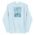 A light blue pullover hoodie with a teal graphic print on the chest featuring a mountain illustration and the text 'NO MORE LIMITS'. Shop unique No More Limits Mountains Outdoor Graphic Hoodie Casual Wear for a bold mountain look, comfortable warmth, and go-anywhere wear. Stay warm in the No More Limits Mountains Outdoor Graphic Hoodie—an easygoing essential for hikes, campfires, and casual weekends. Buy the No More Limits Mountains Outdoor Graphic Hoodie, built for cozy layers, trail days.